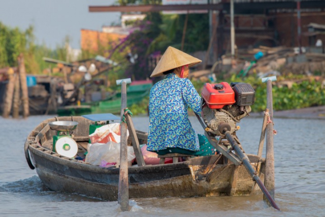 can tho, vietnam, vietnamienne, chapeau, marché flottant, floating market