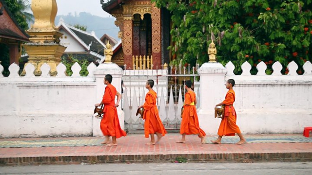 Laos, Luang Prabang, moines, tak bat, cérémonie de l'aumône, temples