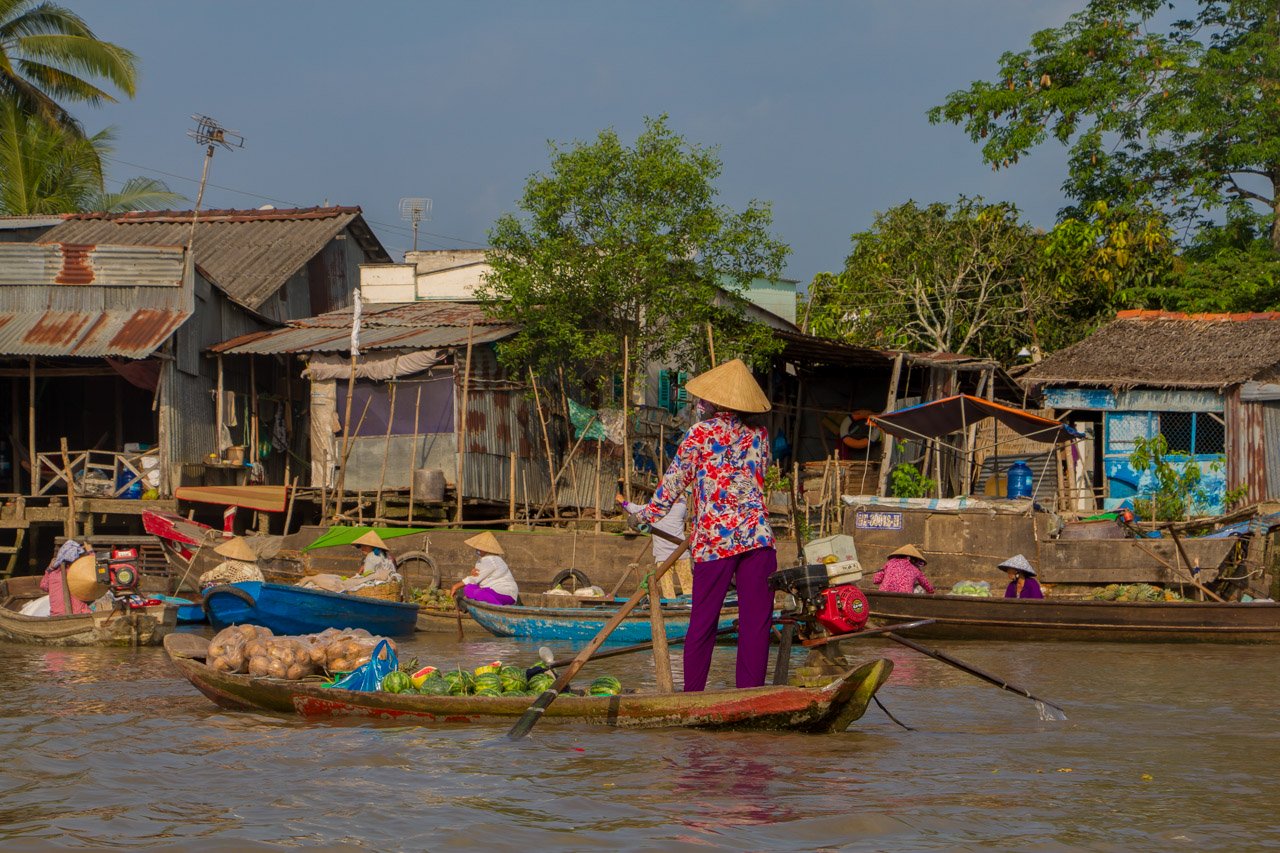 vietnam, chapeau, marché flottant, vietnamienne